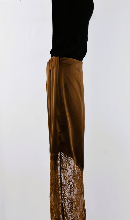 Satin & Lace High Waist Midi Skirt