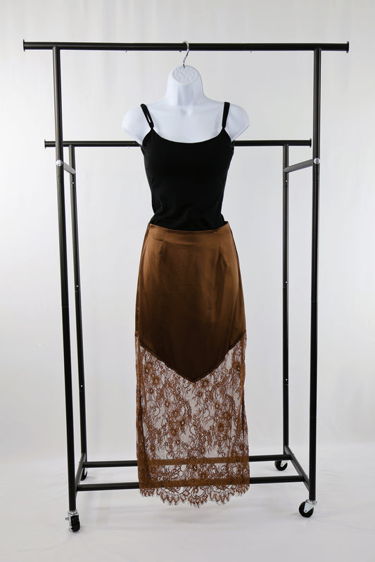 Satin & Lace High Waist Midi Skirt
